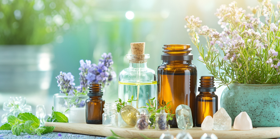 A collection of essential oil bottles, herbal extracts, and fresh flowers on a wooden tray, set in a natural and serene outdoor environment